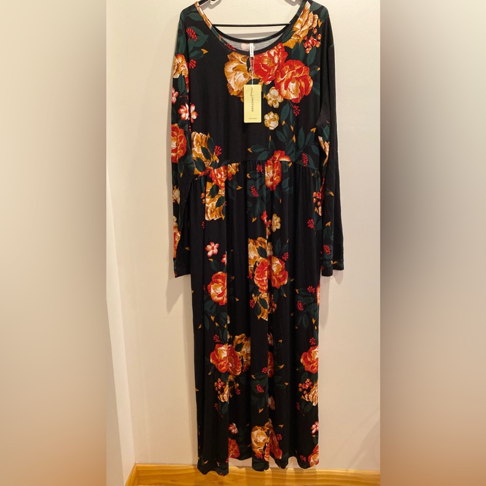 LONGYUAN, Sz 4XL, Dark Green, Floral Long Sleeve Maxi Dress - NWT - Picture 8 of 12